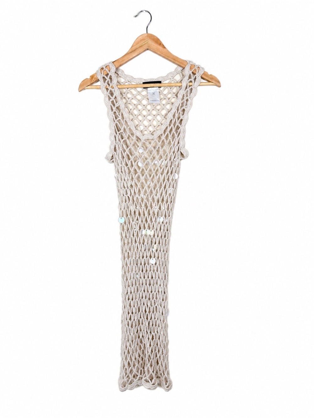 White Fox Crochet Sequin Open Knit Maxi Dress Cover Up Cream Medium